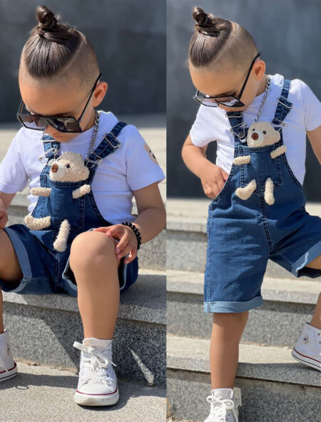 Ayıcıklı Kot Şortlu Salopet Takım