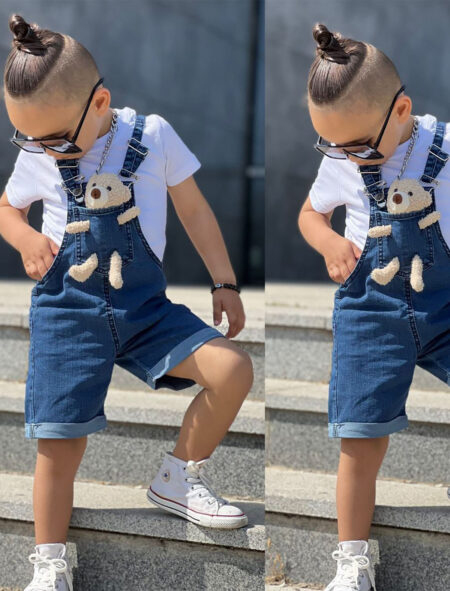 Ayıcıklı Kot Şortlu Salopet Takım